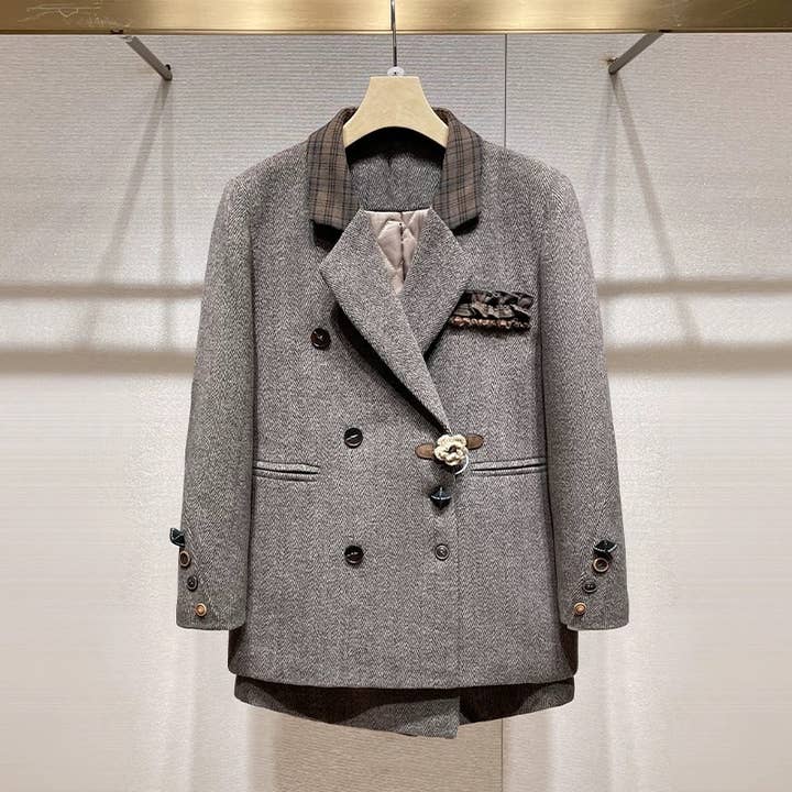 SET256Y 2025 Vintage Plaid Blazer and Skort Two-Piece Set for wholesale by Productseeker