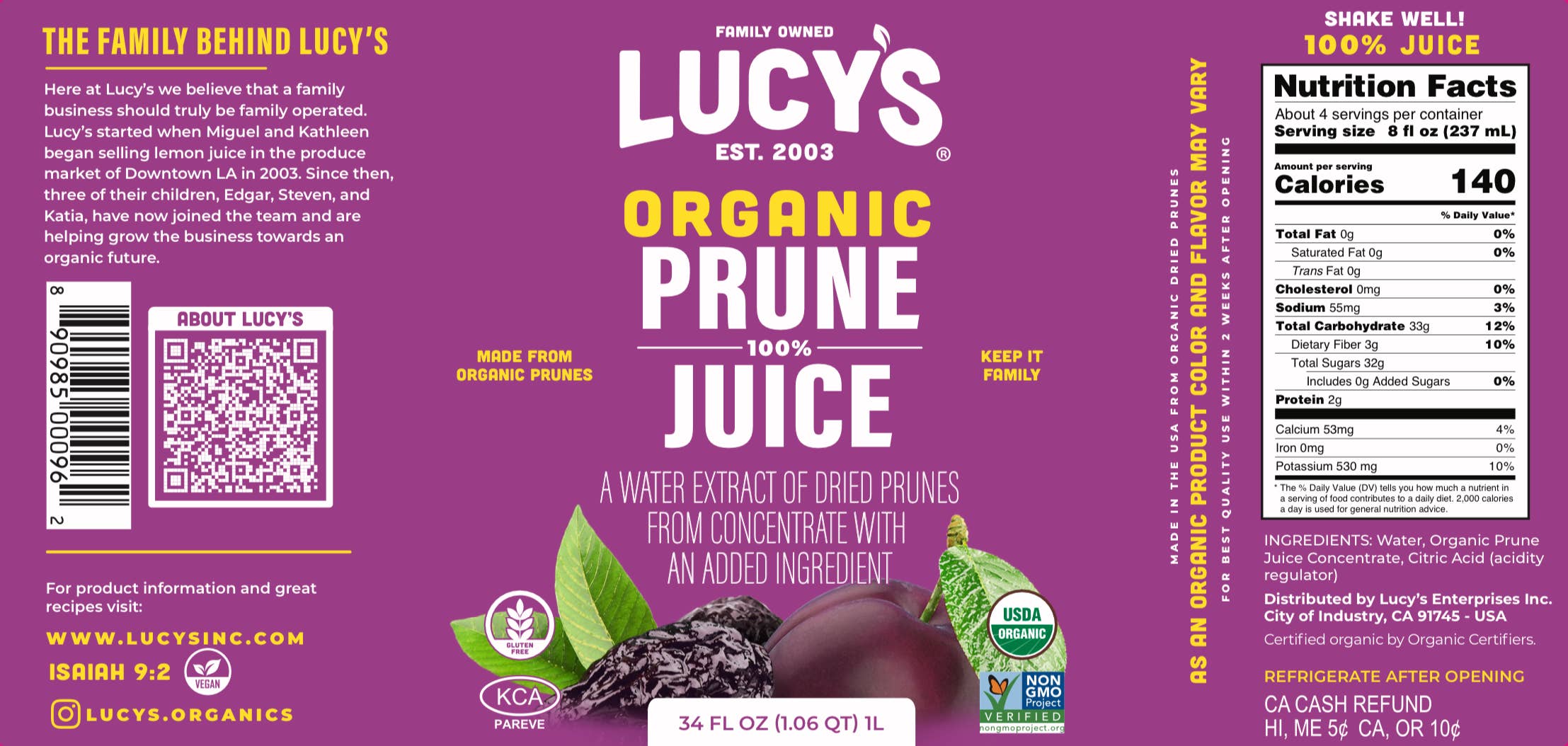 Lucy's - Wholesale Fruit Juice - Lucy's Family Owned - Organic Prune Juice 34oz.6