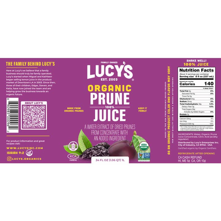 Lucy's - Wholesale Fruit Juice - Lucy's Family Owned - Organic Prune Juice 34oz.6