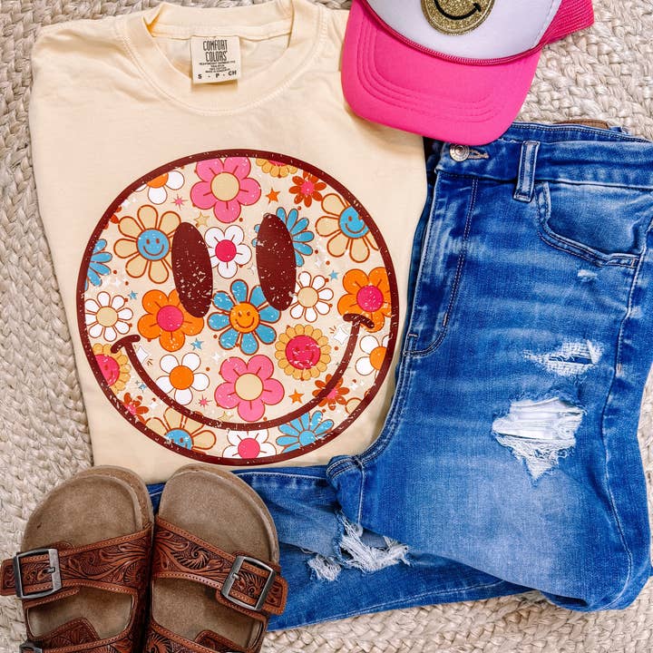 Viral Spring Floral Happy Face Comfort Colors for wholesale by ZZ Threadz