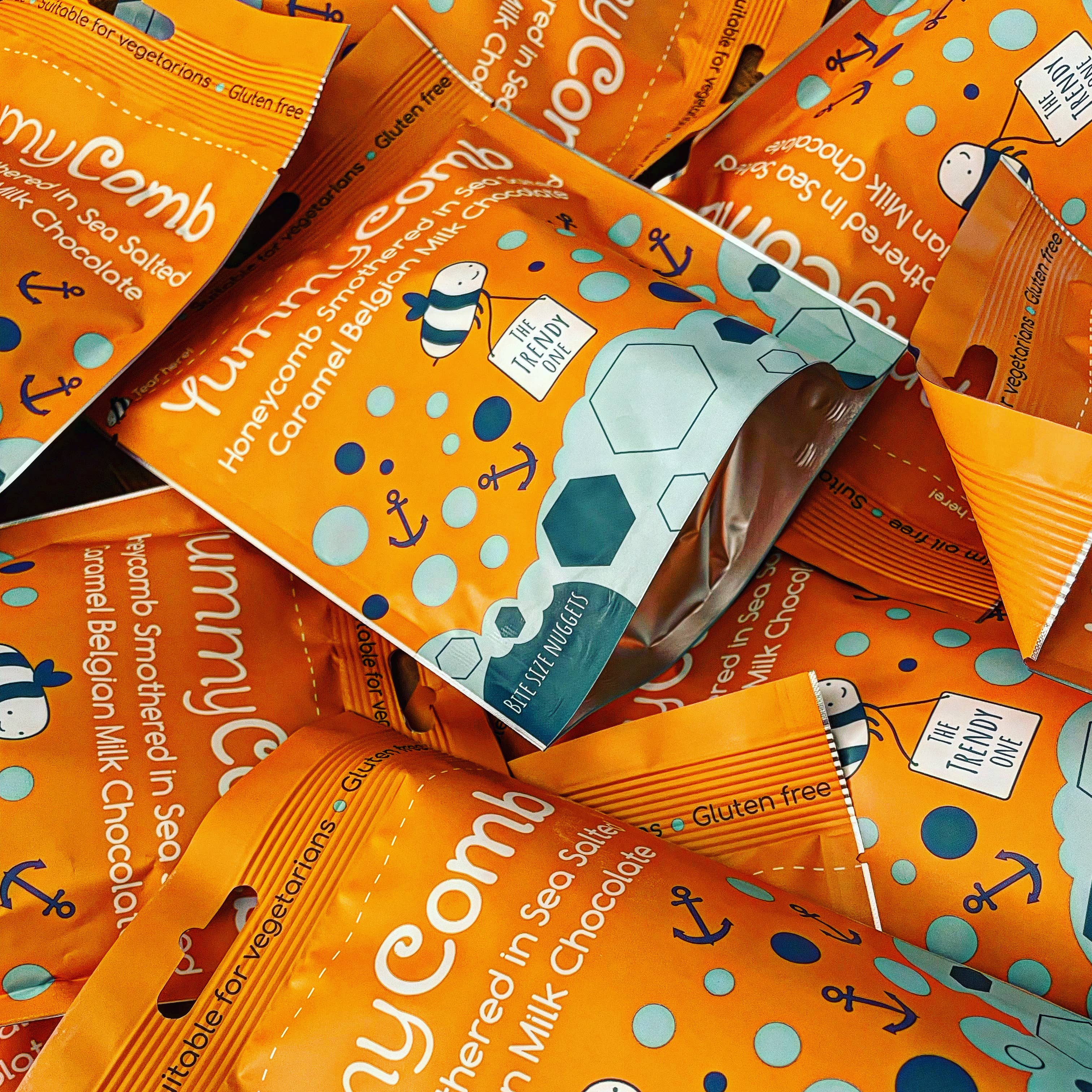 Yummycomb – wholesale Chocolate-covered sweets – 6 x Sea Salted Caramel Belgian Milk Chocolate Honeycomb pouc5