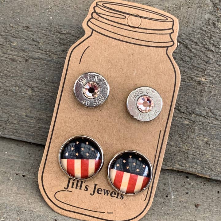 Set di orecchini a proiettile calibro 40 con bandiera americana vintage per la vendita all'ingrosso da parte di Jill's Jewels
