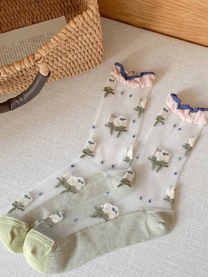 Calcetines medias transparentes con flores blancas 🌼💚 para venta al por mayor de Marc JoJo