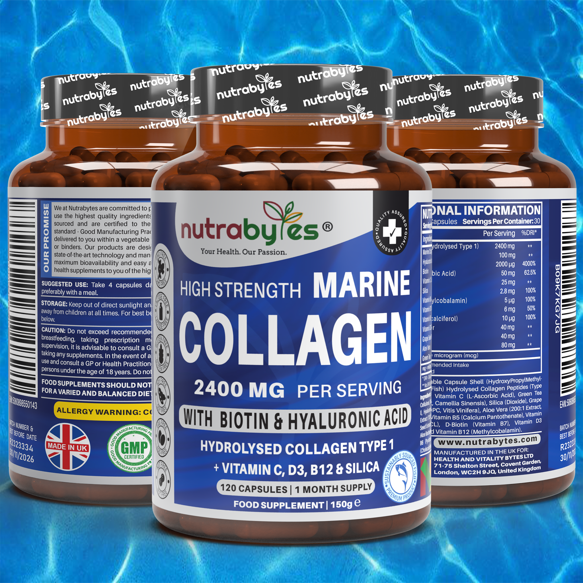 NUTRABYTES - Vendita all'ingrosso Vitamine/integratori orali - Integratore di Collagene Marino ad Alta Resistenza per donne e uomini (120 Capsule) | 2400 mg di Peptidi di Proteine di Collagene Marino Idrolizzato | Collagene Tipo 1 | Arricchito con Acido Ialuronico, Biotina, Silice, Vitamina C, D3, B6 e B12 | Prodotto nel Regno Unito8