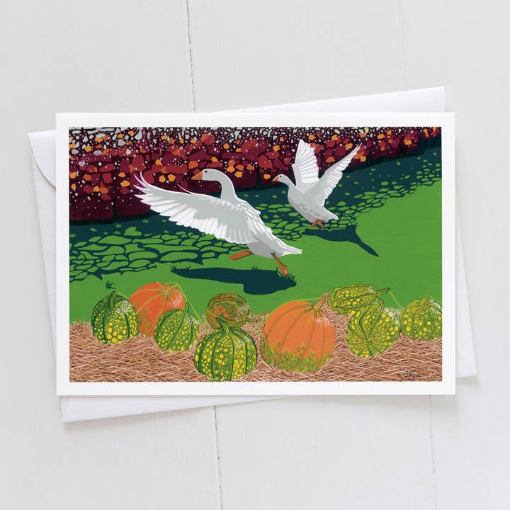Geese in the Pumpkins Card for wholesale by Bird the Artist