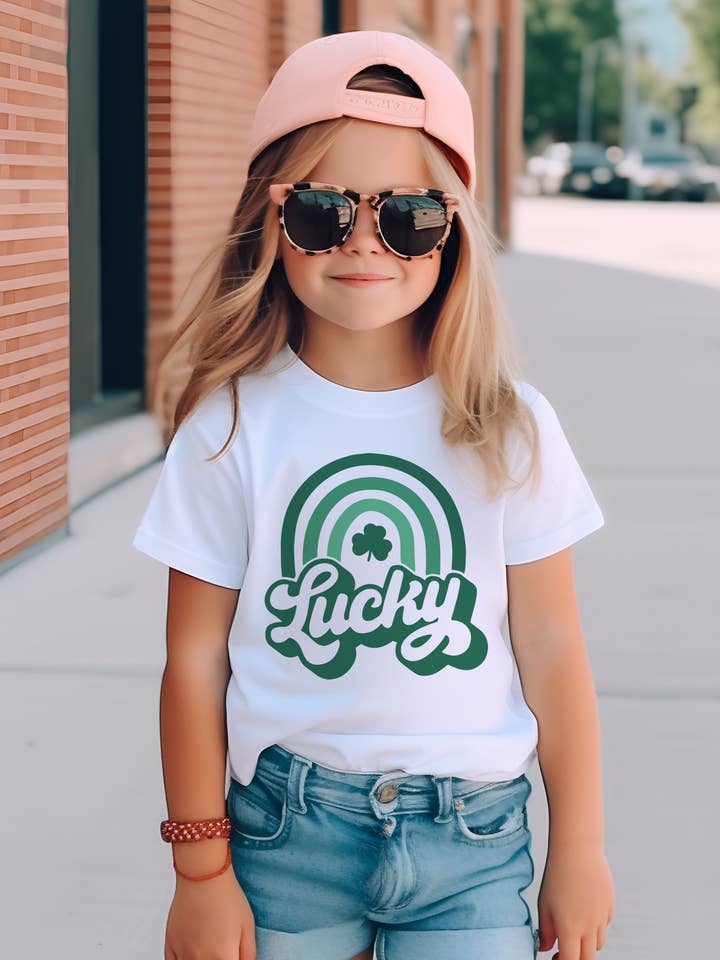 Lucky Rainbow Kids Graphic Tee for wholesale by Tickled Teal