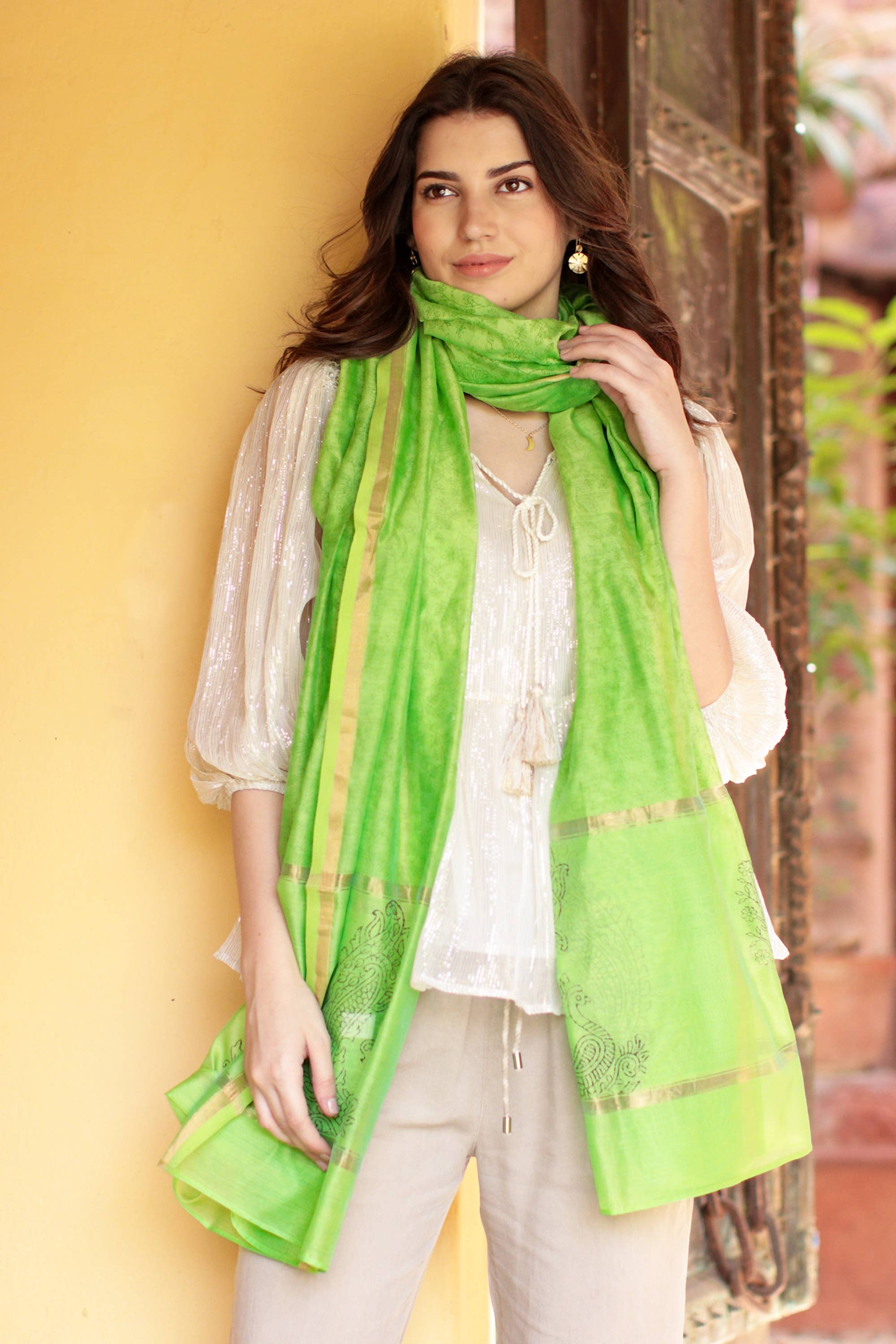 NOVICA - Wholesale Scarf - Women's - Novica Handmade Kiwi Garden Cotton And Silk Blend Scarf1