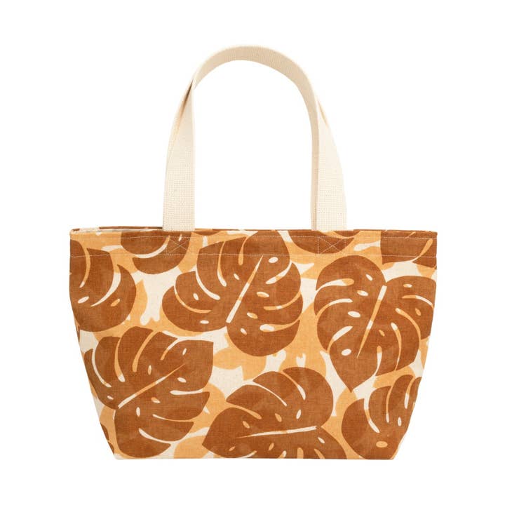 Mini borsa da spiaggia tote • Ombra di foglia di monstera e papaya • Marrone cacao per la vendita all'ingrosso da parte di Jana Lam