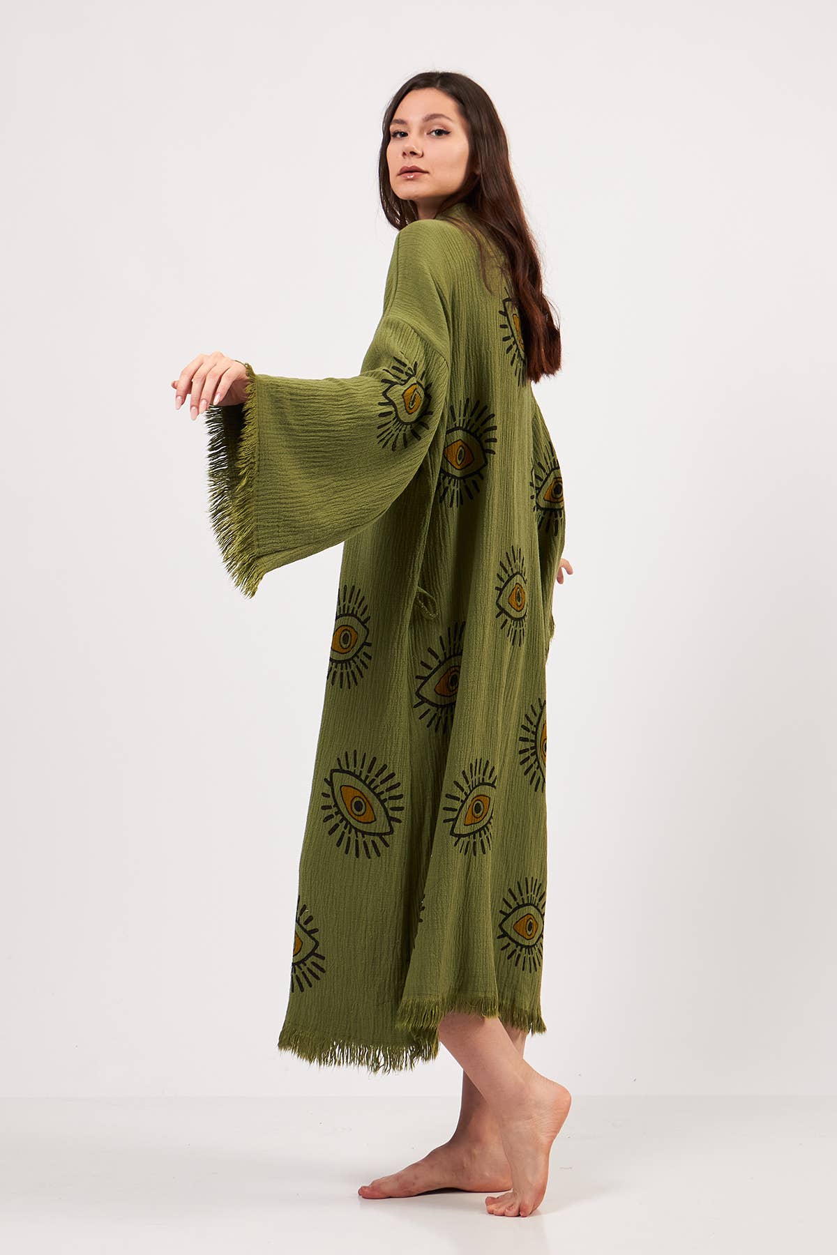 Yaz Concepts - Wholesale Kimono - Women's - Turkish Evil Eye Print Olive Green Robe Festival Kimono 9