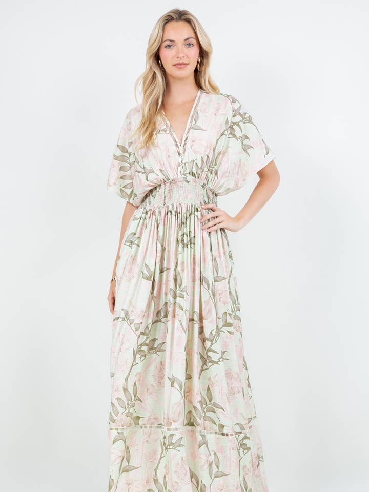 Abito lungo con scollo a V e stampa floreale DM4298 per la vendita all'ingrosso da parte di Miss Avenue