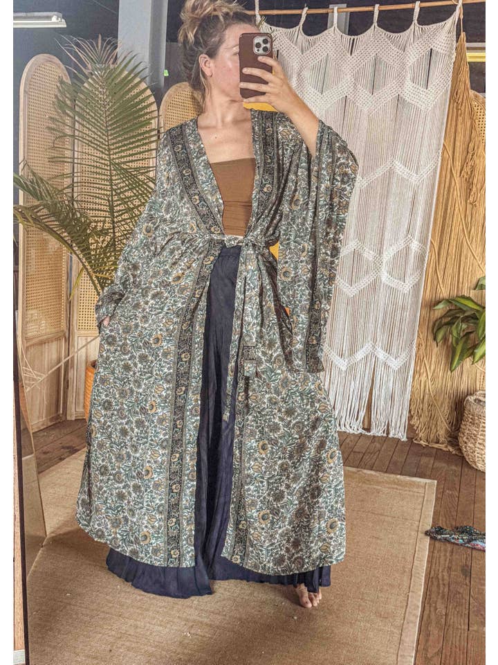 Gardenbelle Shop - Wholesale Kimono – Women's - BOHO Silk Bell Sleeve Long Maxi Kimono Duster Cardigan6