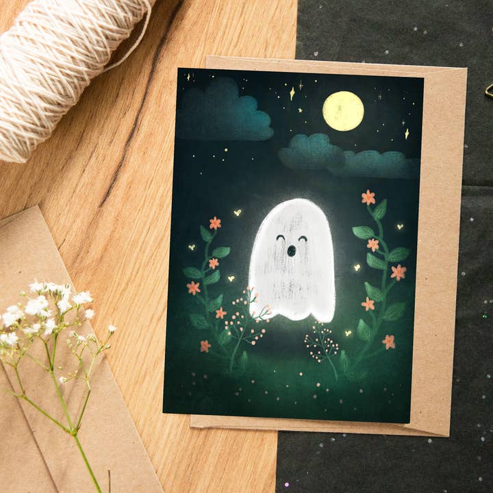 Postcard Ghost 'Garden by Night' for wholesale by MOMOKOSTUDIO