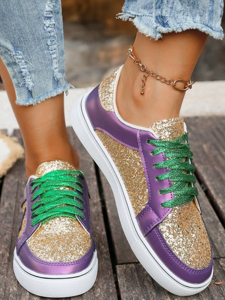 Mardi Gras Glitter Star Patched PU Leather Lace-up Sneakers for wholesale by fashionworks