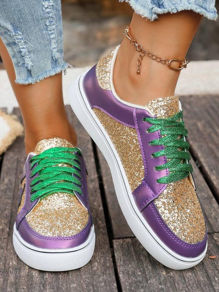 Mardi Gras Glitter Star Patched PU Leather Lace-up Sneakers for wholesale by fashionworks