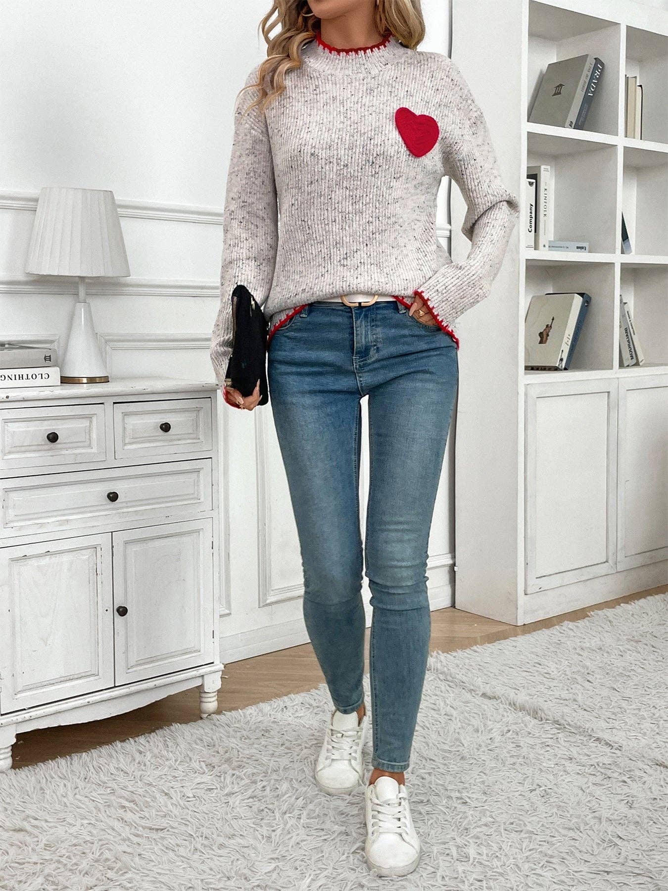 Grayish Half Turtleneck Valentine's Day Heart Pattern Sweater Crew Neck Casual Pullover for wholesale on Faire4