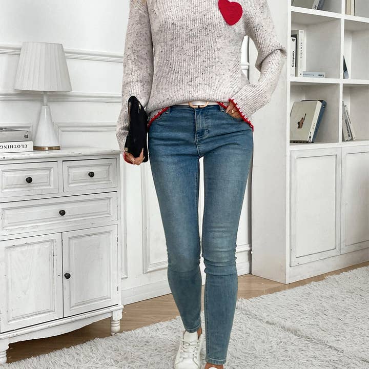 Grayish Half Turtleneck Valentine's Day Heart Pattern Sweater Crew Neck Casual Pullover for wholesale on Faire4