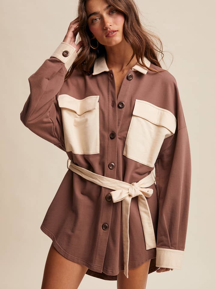 Contrast Belted Shirt Jacket Shacket LJ0183 for wholesale by Listicle