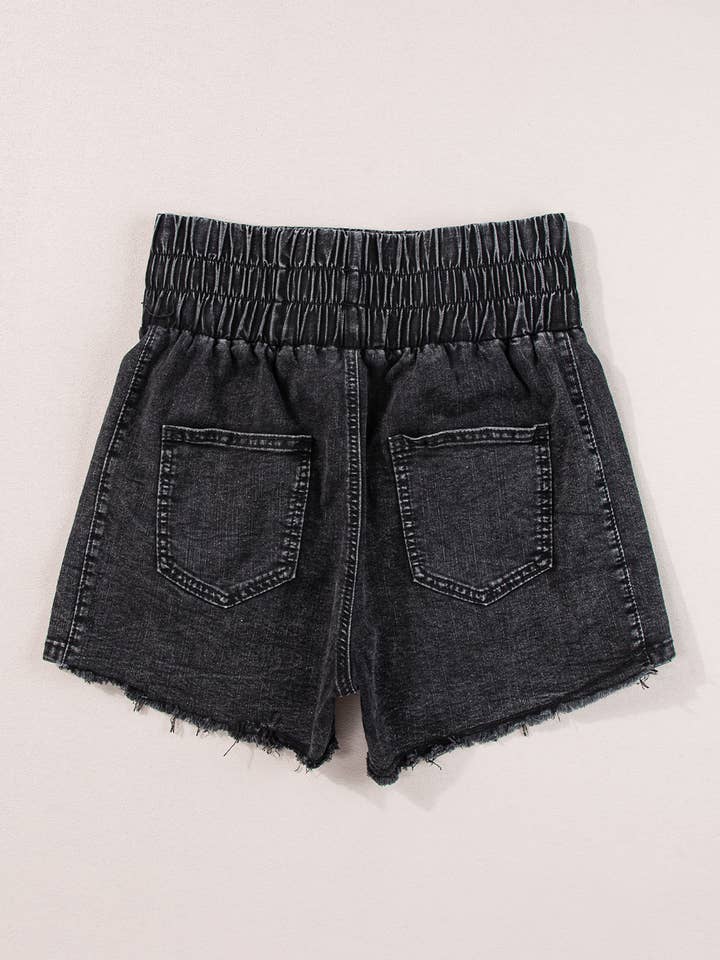 Black Smocked High Waist Mineral Washed Jean Shorts for wholesale on Faire