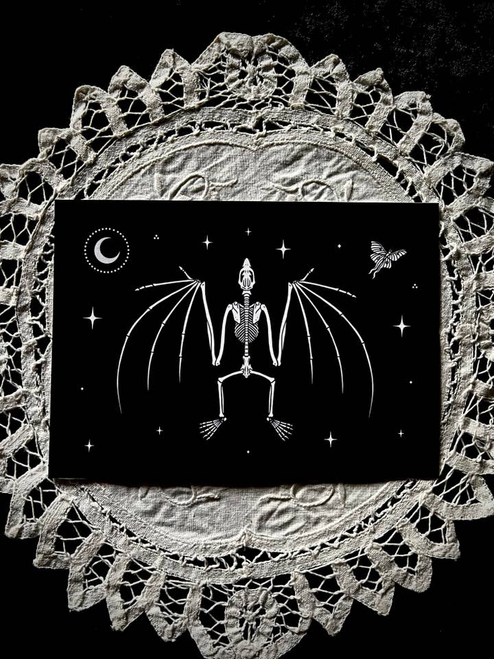 Bat Skeleton Print, 5x7", Spooky Gothic Dark Art for wholesale by Soni Graves