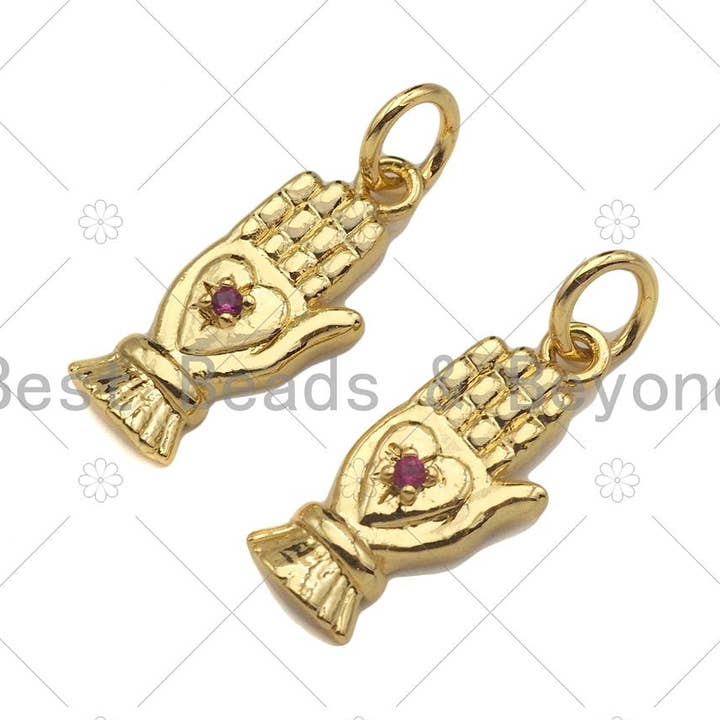 Pendentif en forme de coeur micro pavé fuchsia cz sur main, breloque délicate paume en or 18 carats, collier, bracelet, pendentif, 7x17mm, Sku #Z1321 pour la vente par BestBeads&Beyond