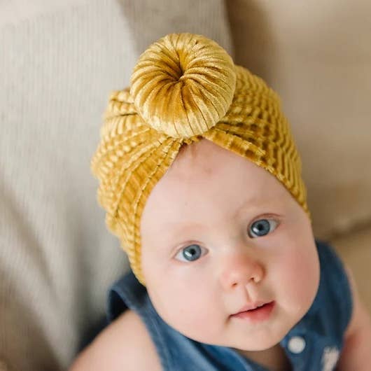 Black Ribbed Velvet Bun Baby Turban for wholesale on Faire2