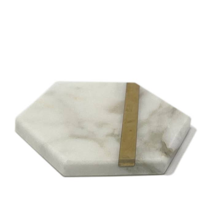 Dessous de verre hexagonal en marbre Calacatta Oro avec bande en laiton pour la vente par Pistore Marmi SRL