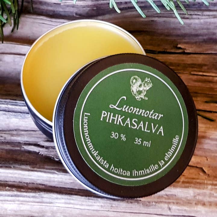 Hittituotteemme Pihkasalva 30% tyylikkäässä mattamustassa 35 ml purkissa para venta al por mayor de Luonnotar