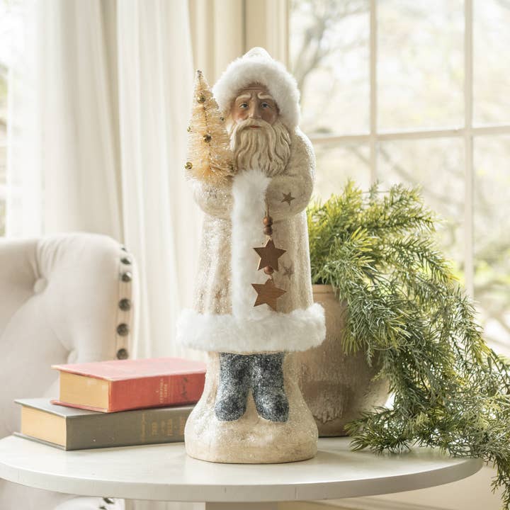 16,5" GLITTRIG ELFENBENSFÄRGAD BELSNICKLE MED GULDA STJÄRNOR för wholesale av Ragon House