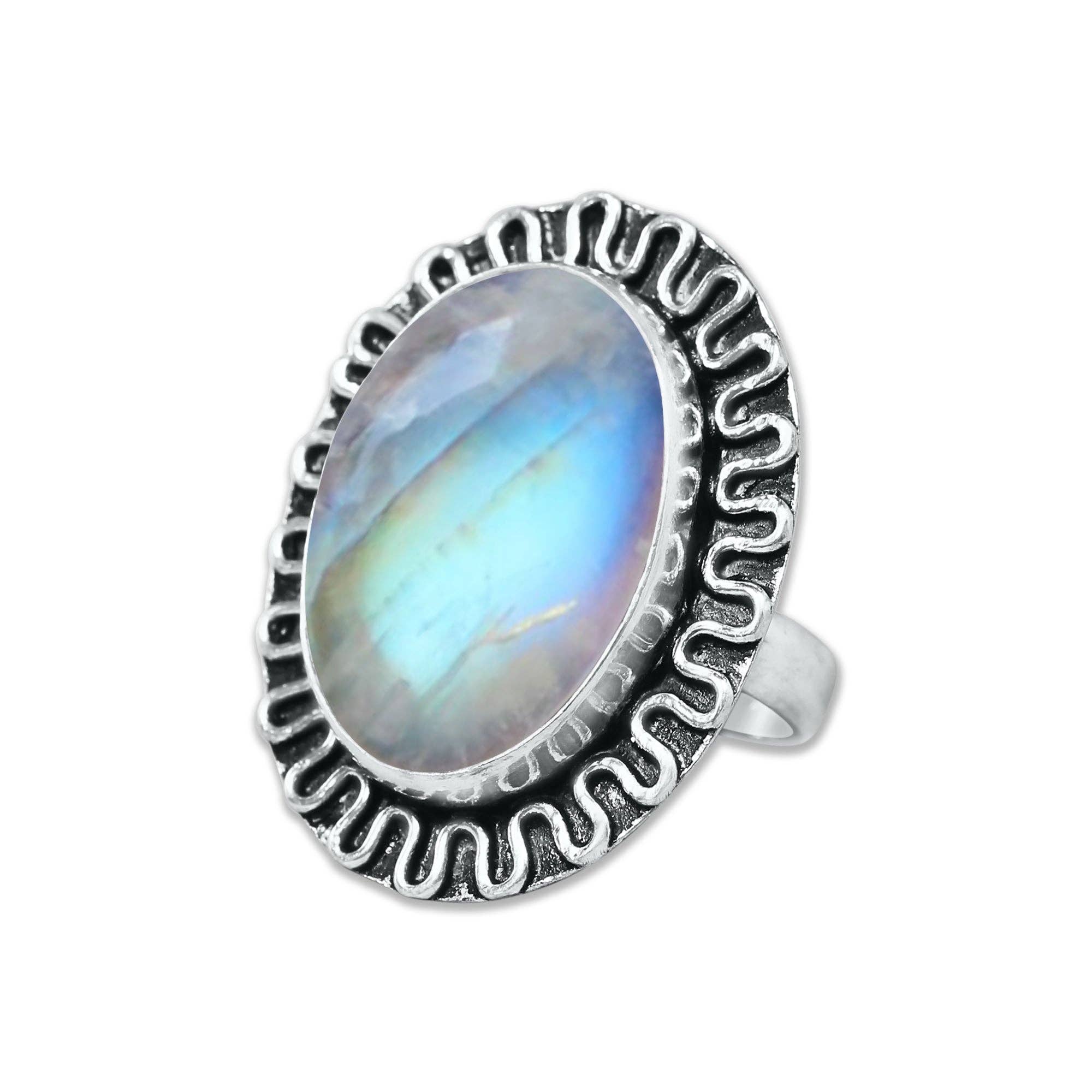 Handmade Jewels - Wholesale Cocktail/Statement Ring - Rainbow Moonstone AAA Rings – Silver-Plated, Handmade, Shimmering Blue (Made to Order)14