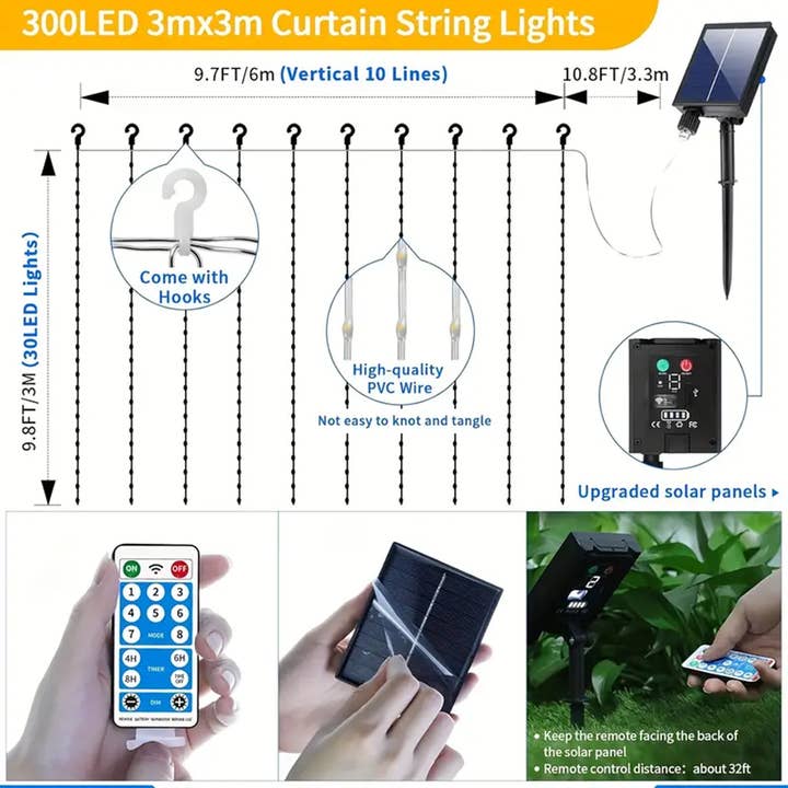WYW - Wholesale String Lights - Solar Curtain Lights 600 LED Waterfall String Lights 8 Modes Remote Type C Charging Hanging Twinkle Fairy Lights for Christmas Gazebo Party Wedding1