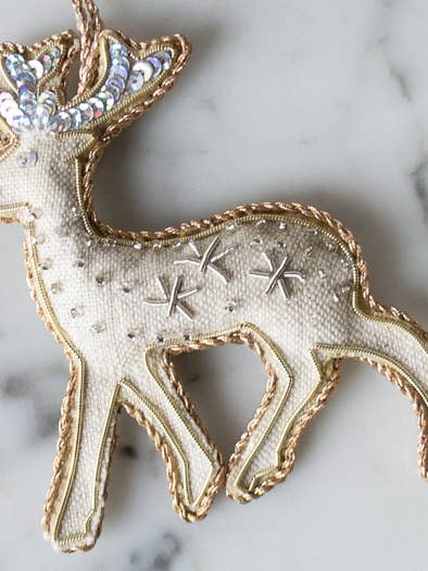 Oatmeal Handmade Reindeer Irish Linen Holiday Ornament for wholesale by Katie Larmour Linen