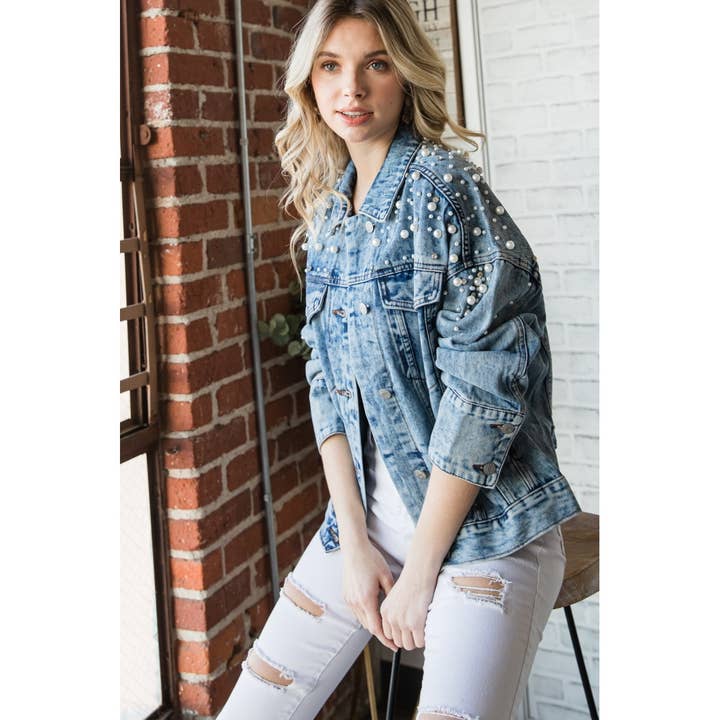 Med Wash Pearl and Rhinestone Denim Jacket for wholesale on Faire