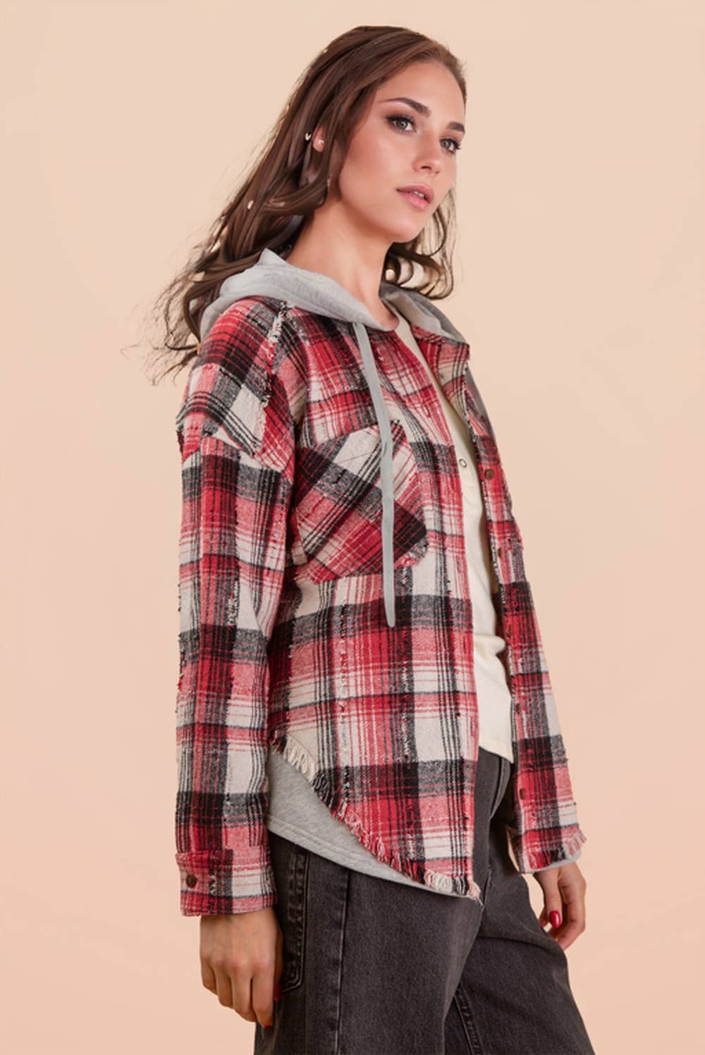 VERY J - Wholesale Jacket - Women's - NT12253-Oversized Flannel Hooded Button Down Jacket7