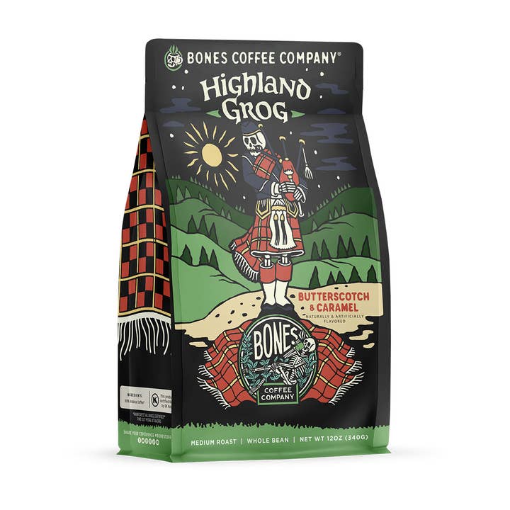 Bones Coffee Company – wholesale Ground coffee – Highland Grog Flavored Coffee | 12oz | Whole Bean & Ground