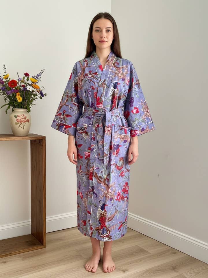 Purple & Grey 100% Cotton Robe for wholesale by AMRANIS