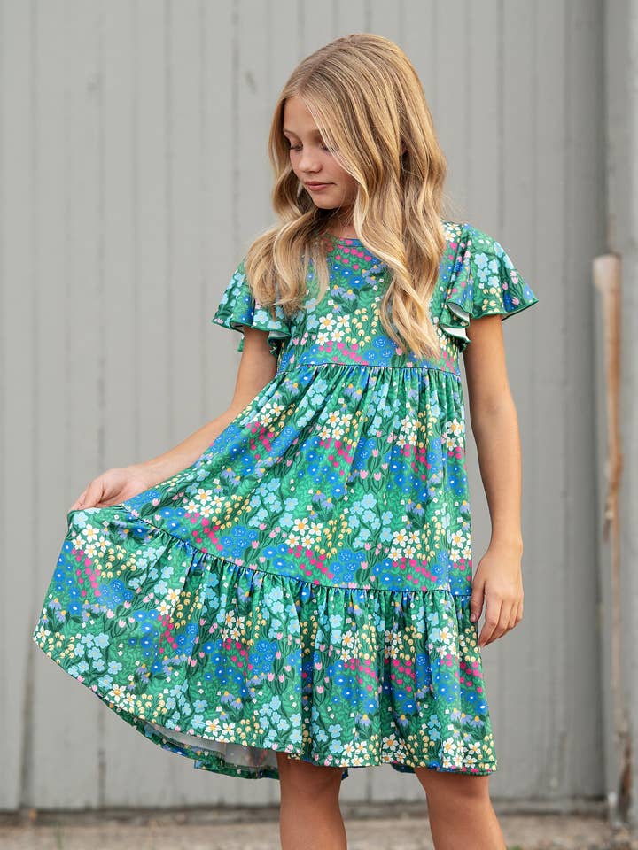 Kids Emmy Green Floral Flutter Sleeve Twirl Spring Dress for wholesale by Oopsie Daisy