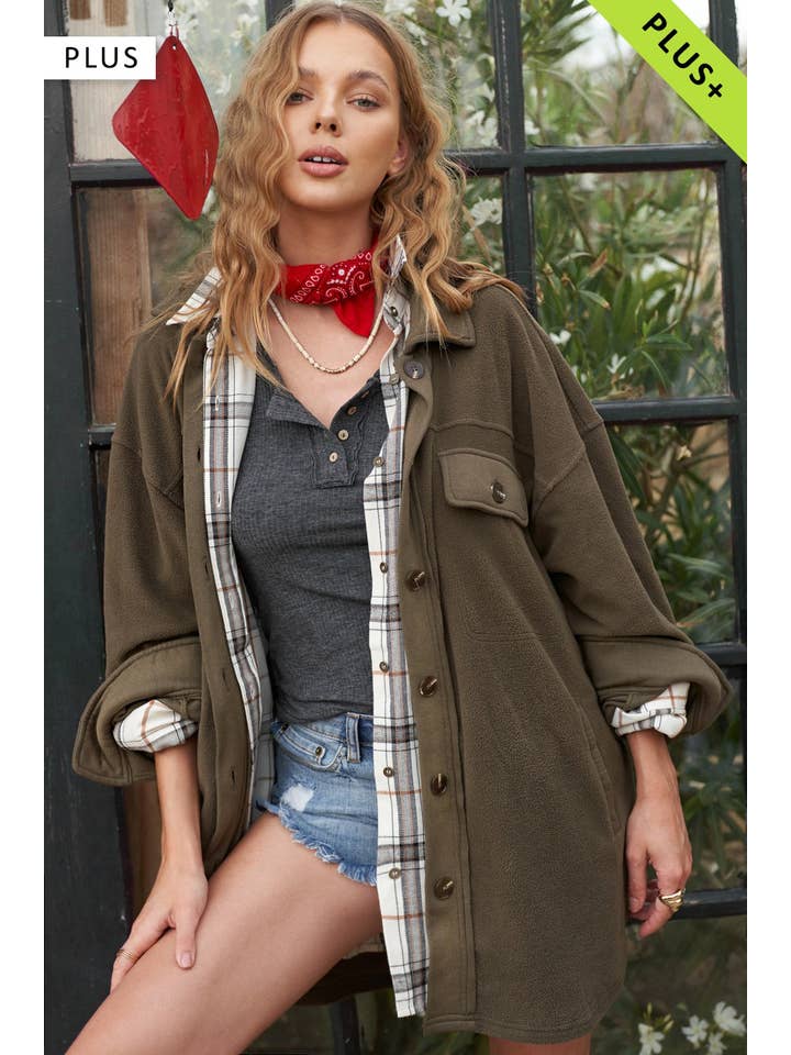 La Miel - Wholesale Shirt Jacket/Shacket - Women's - JKT1712P-Plus Size Loose Fit Button Down Fleece Shacket7