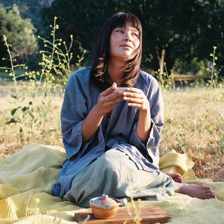 Plant dyed Retreat jacket in Camas for wholesale by rainbow + yarrow