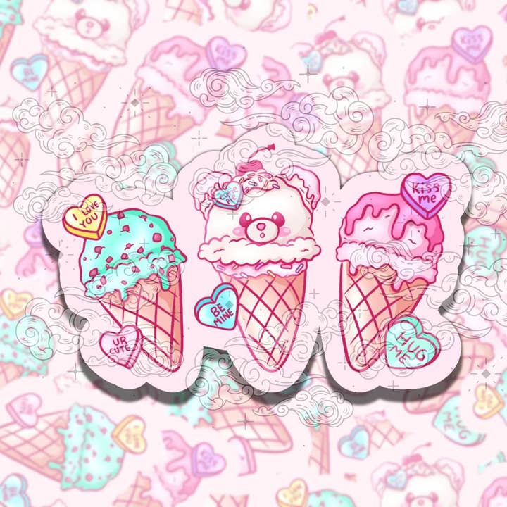 Pegatina de vinilo colorida y adorable de San Valentín de helado para venta al por mayor de Sticky Sadness Designs