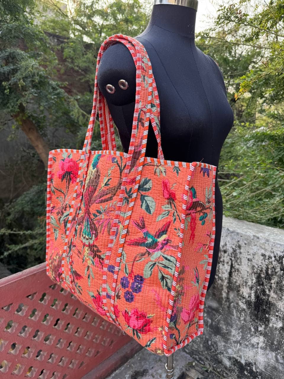 Bhawana Handicrafts – Sacola - Mulher por atacado – Bolsa de algodão acolchoada com estampa de pássaros para meninas, sacola de mercado2