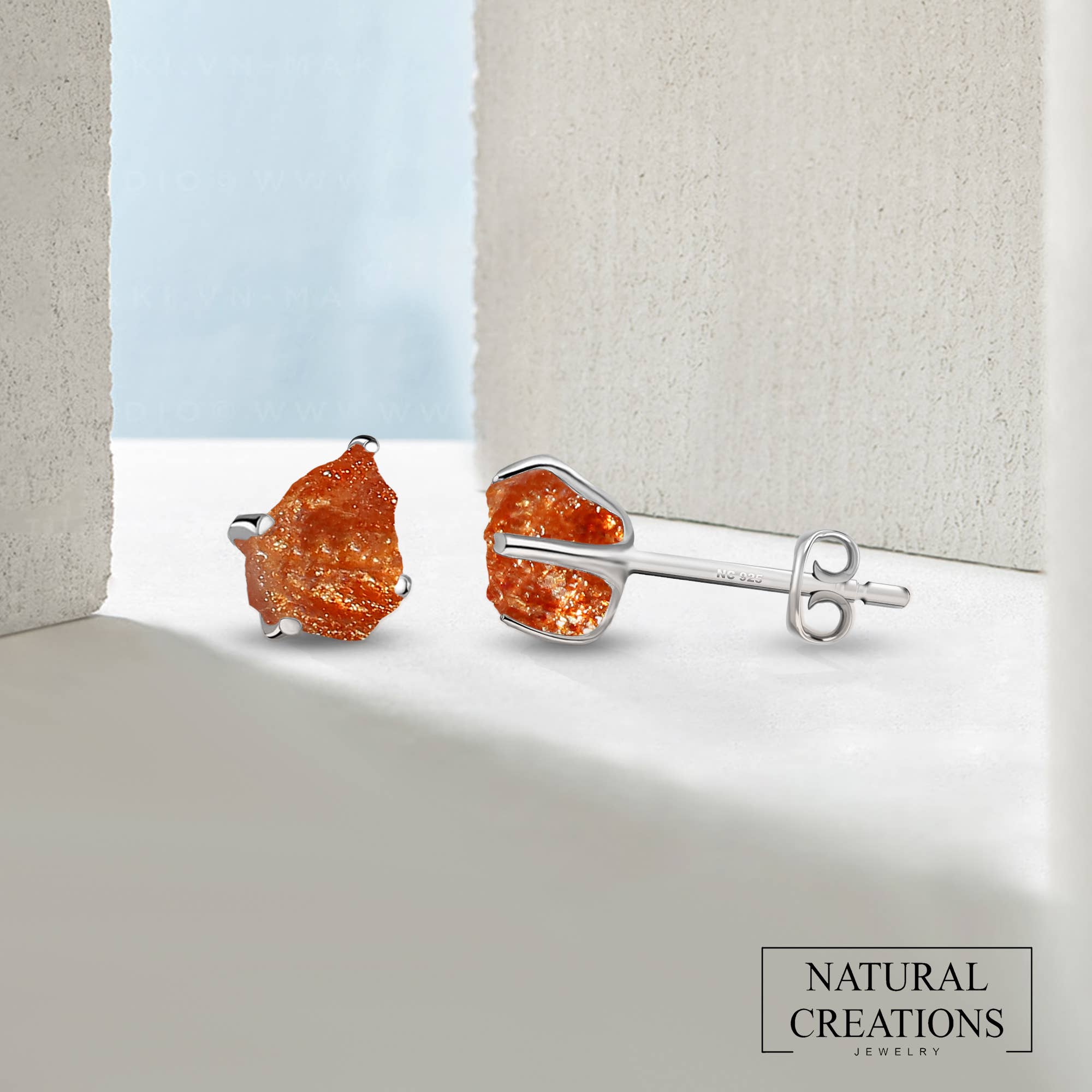 Nature Crafts - Vente Clous d'oreille - Clous d'oreilles à tige en forme de pierre de soleil brute naturelle en argent sterling