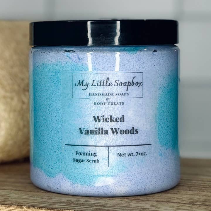 8oz wicked Vanilla Woods Foaming Sugar Scrub for wholesale by My Little Soapbox