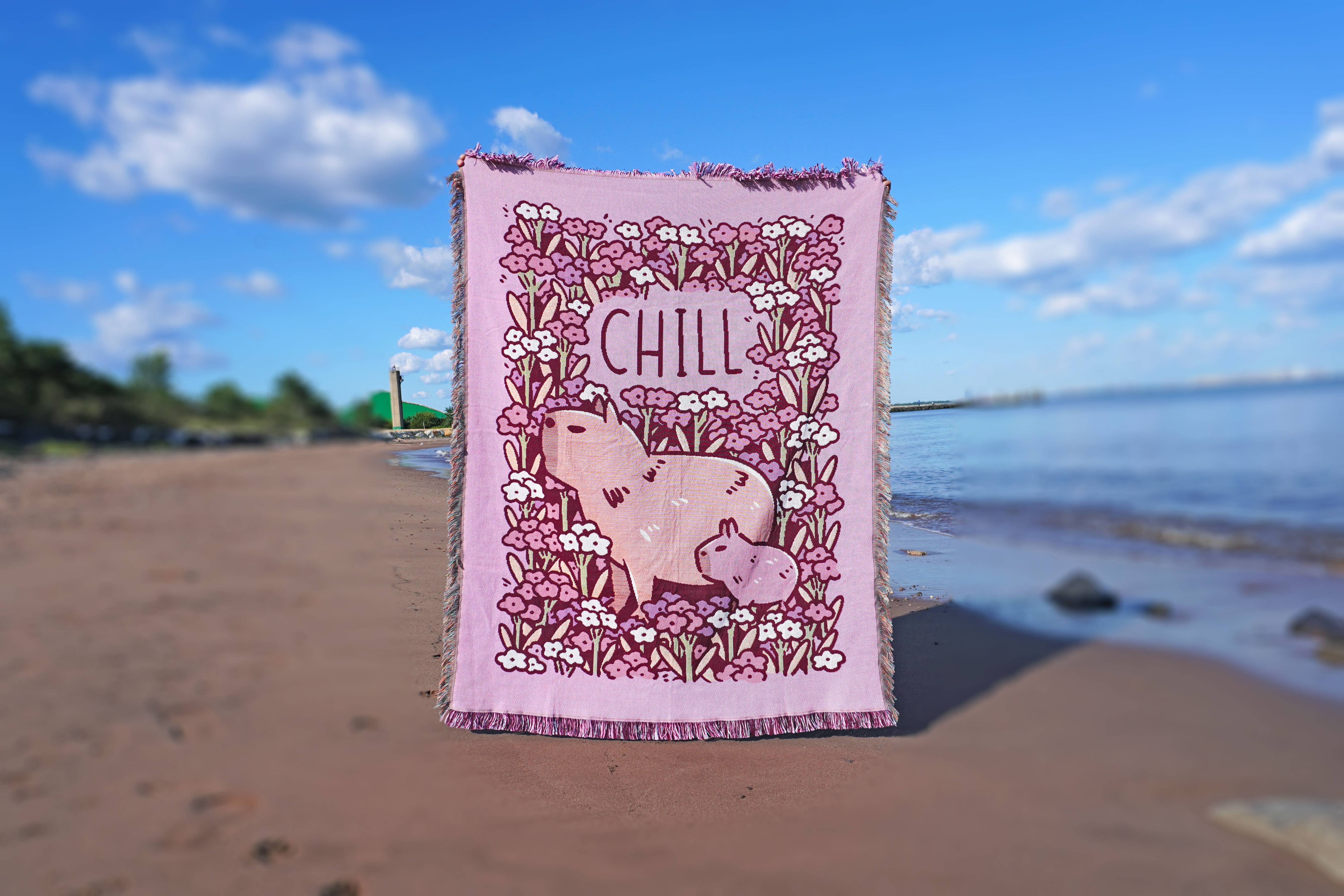 Noristudio - Wholesale Throw Blanket - "CHILL" capybaras and flowers woven blanket in pink4