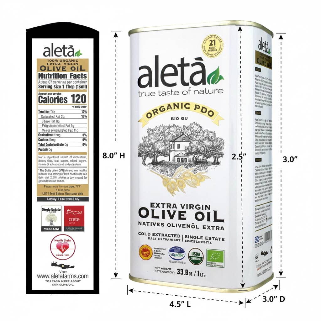 ELLORA FARMS - Wholesale Olive Oil - Aleta Organic Single Estate PDO Extra Virgin Olive Oil, 1 LT3
