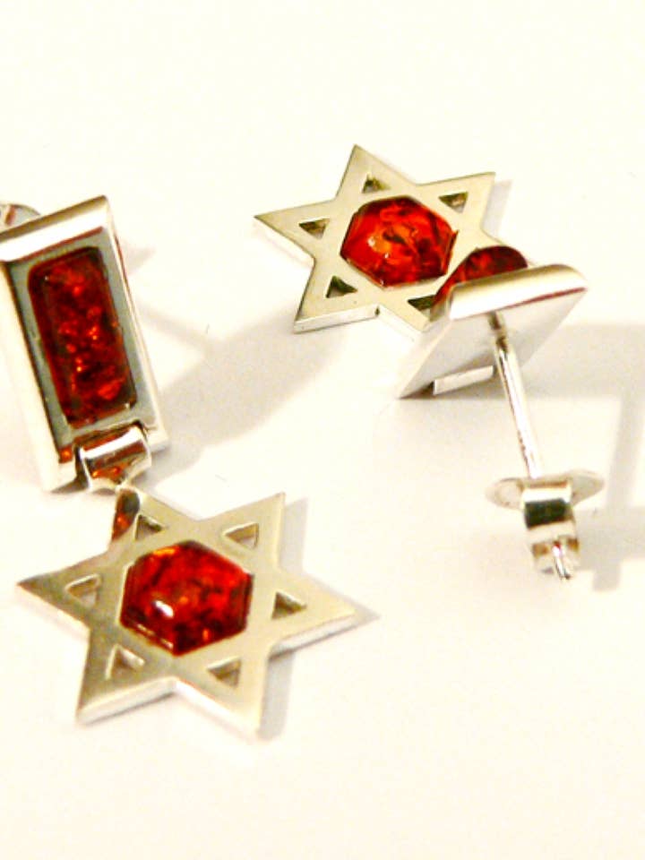 Star of David Sølv Øreringe Med Cognac Amber for engroshandel hos Mia's Polish Treasures