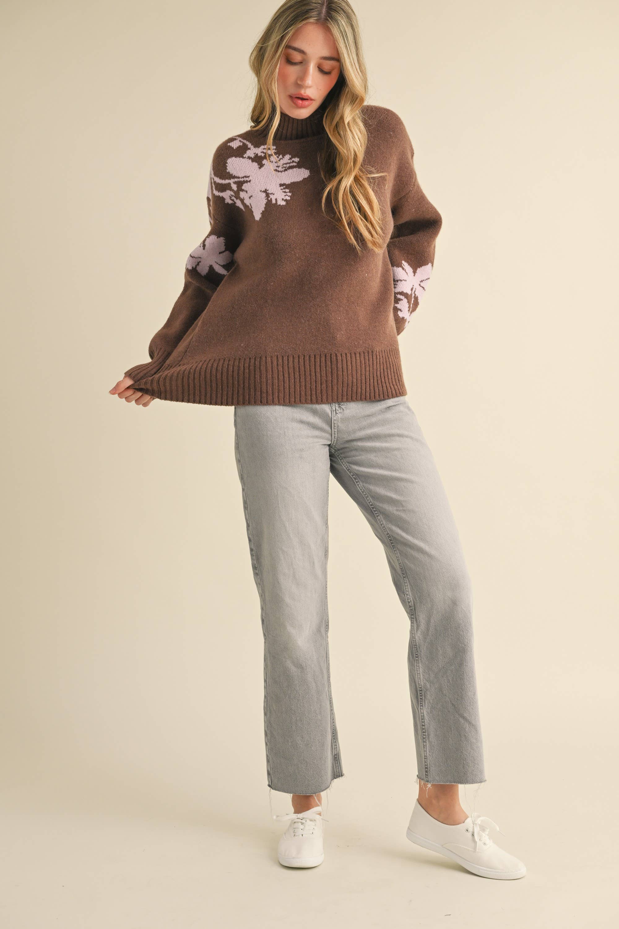 &MERCI - Wholesale Knit Sweater - Women's - MOCK NECK FLORAL SWEATER MSW107719