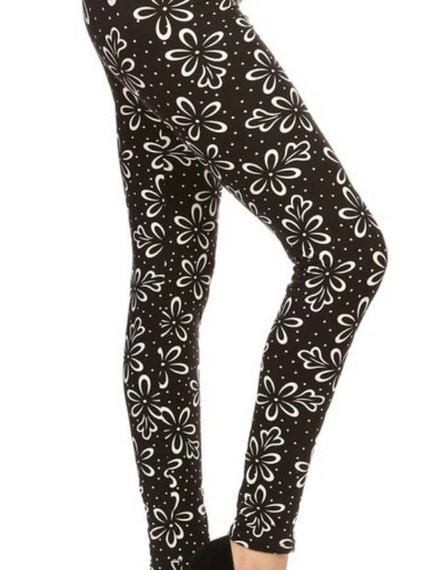 White Flowers & Polka Dots Print Black ONE SIZE Leggings for wholesale by Love 4 Leggings