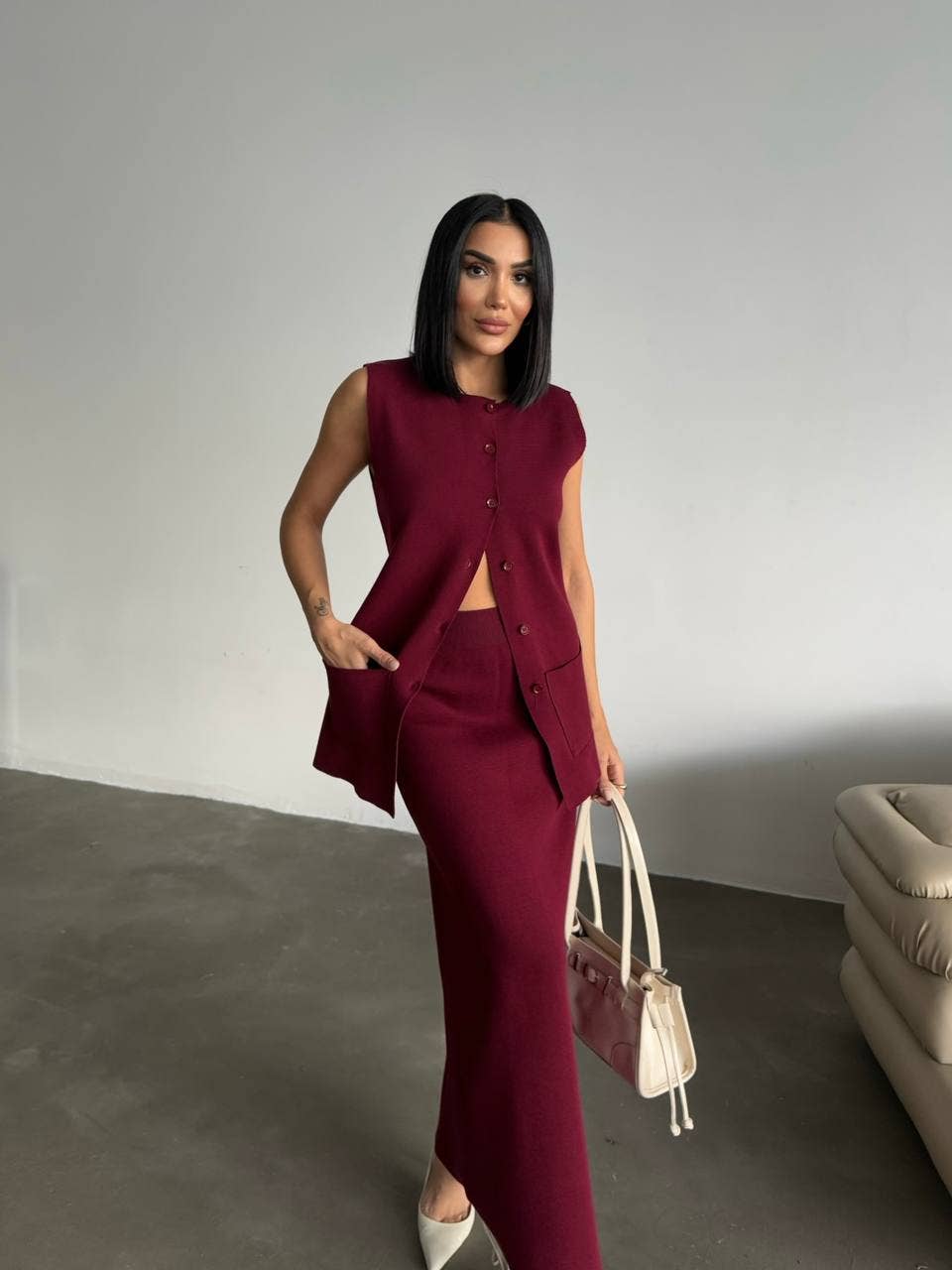 Design company-Fatma Balkir - Venta al por mayor Conjuntos de top y falda - Mujer - Conjunto de falda larga de punto y blusa sin mangas3