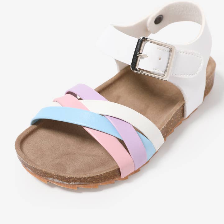 White Toddler/ Kid Girl Casual Stripe Cork Sole Buckle Sandals for wholesale on Faire3
