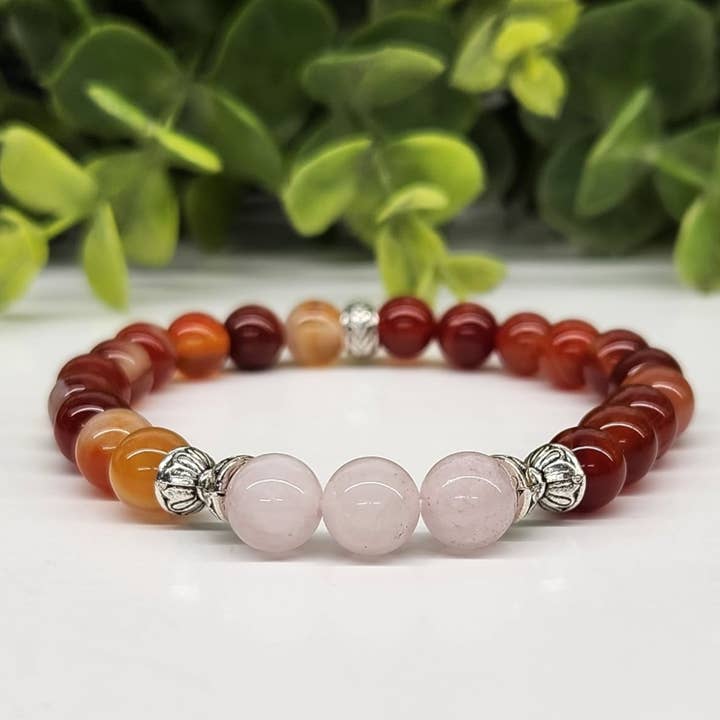 Meraki Gemstones - Wholesale Beaded Bracelet - SELF LOVE - Rose Quartz(center)/Banded Carnelian, 7.5" Long